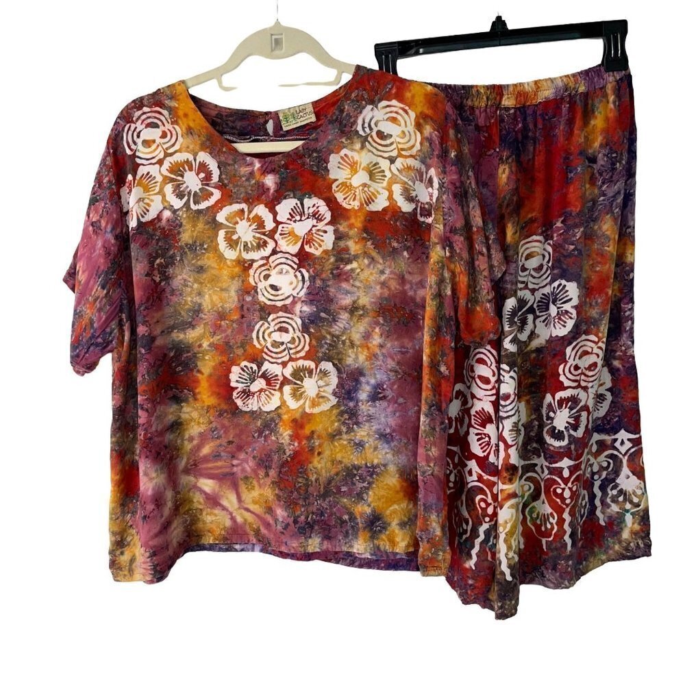 Lady Cactus Womens Shorts Top Set Size Medium M Vintage Batik Print Bohemian